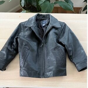 GAP Kids Black Genuine Leather Bomber Moto Jacket Size XS Full Zip Collared